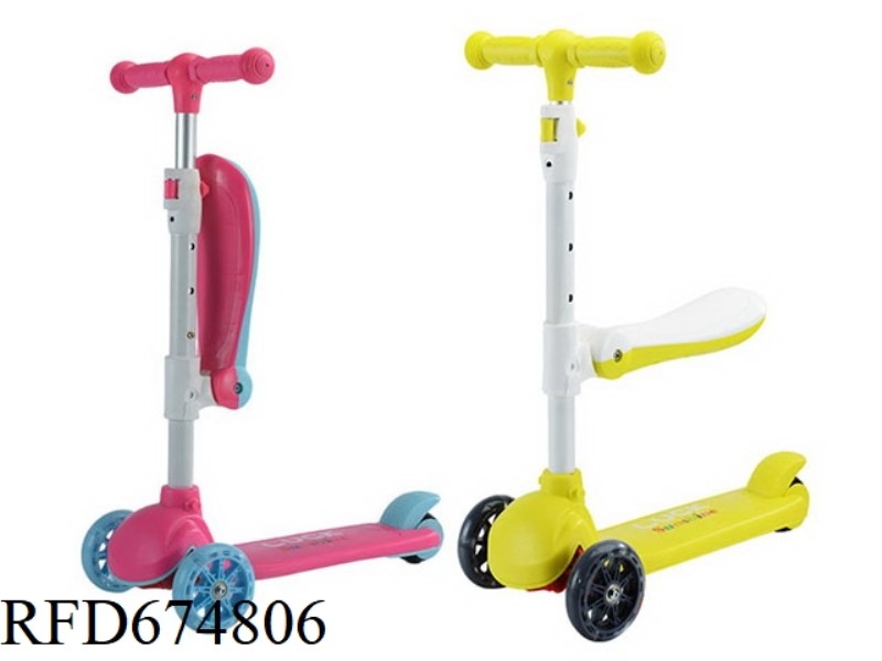 A THREE-WHEELED SCOOTER WITH LIGHTS AND A SEAT CUSHION