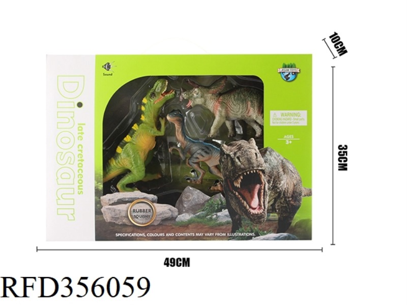 VINYL DINOSAUR SET-TYRANNOSAURUS, BLUE VELOCIRAPTOR, TRICERATOPS