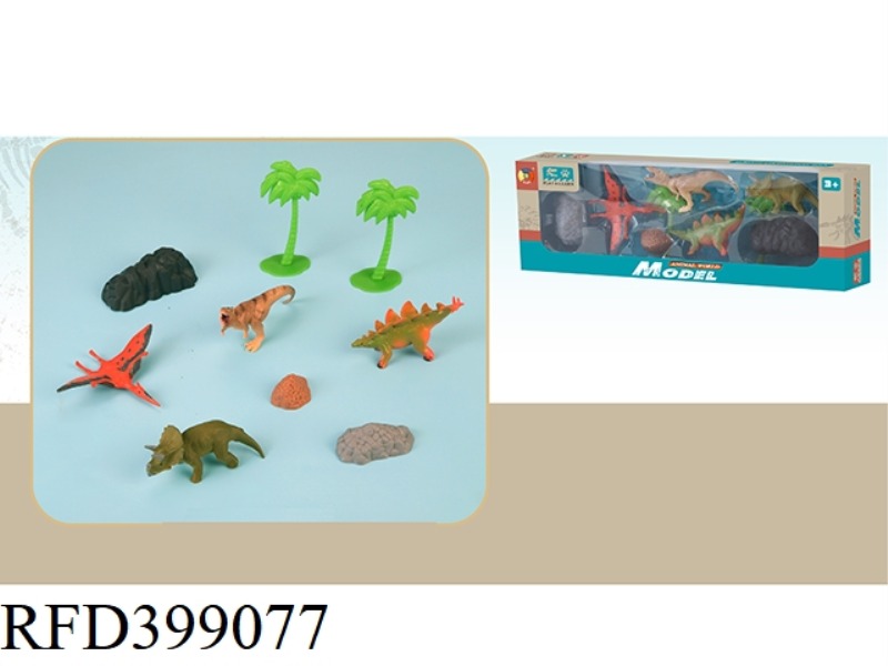 JURASSIC WORLD 4 SIMULATED DINOSAURS WITH 2 TREES AND 3 STONES