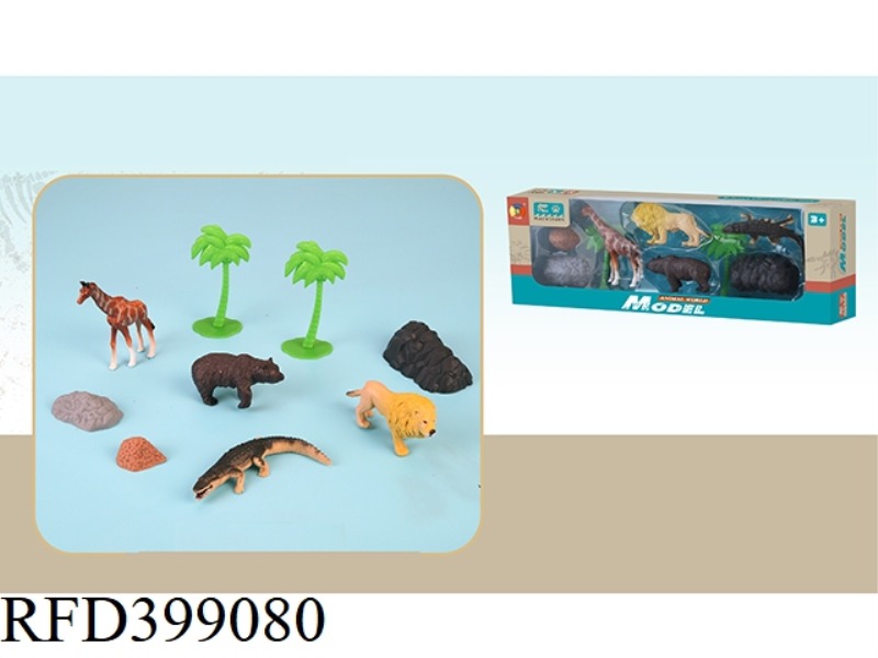 4 SIMULATED WILD ANIMALS WITH 2 TREES AND 3 STONES