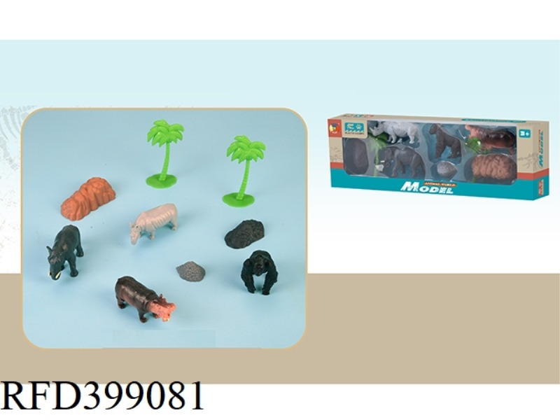 4 SIMULATED WILD ANIMALS WITH 2 TREES AND 3 STONES