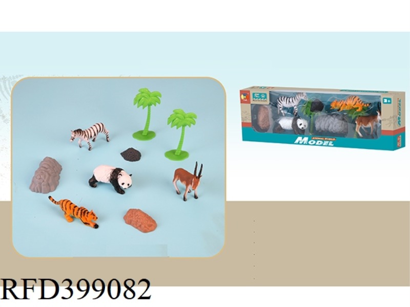 4 SIMULATED WILD ANIMALS WITH 2 TREES AND 3 STONES