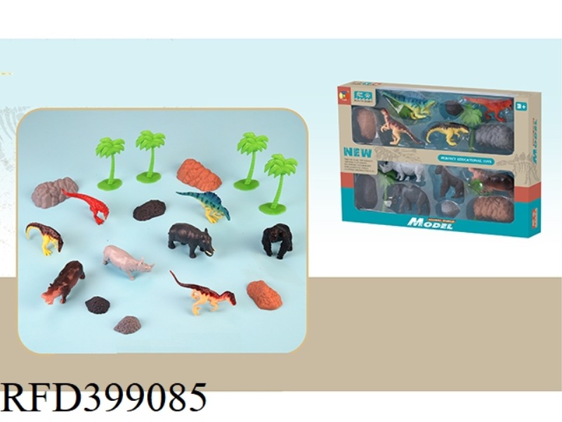 4 SIMULATED DINOSAURS, 4 SIMULATED WILD ANIMALS, 4 TREES, 6 STONES