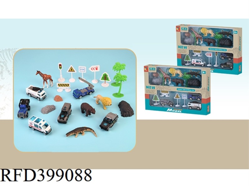 4 SIMULATED WILD ANIMALS WITH 3 ALLOY POLICE CAR ROAD SIGNS (2 TYPES MIXED)