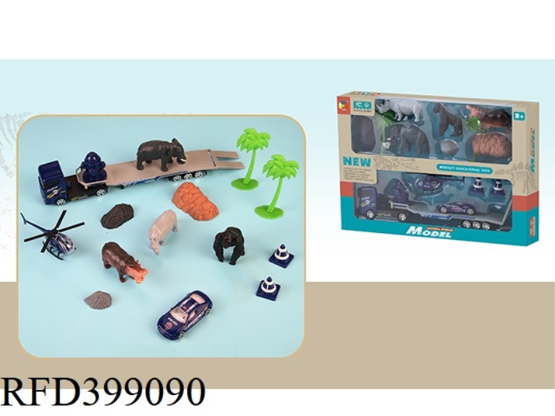 4 SIMULATION WILD ANIMALS WITH 1 ALLOY TRAILER AND 1 ALLOY SIMULATION POLICE CAR