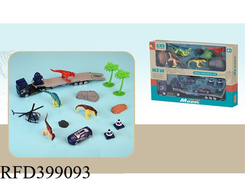 4 SIMULATION DINOSAURS WITH 1 ALLOY TRAILER AND 1 ALLOY SIMULATION POLICE CAR