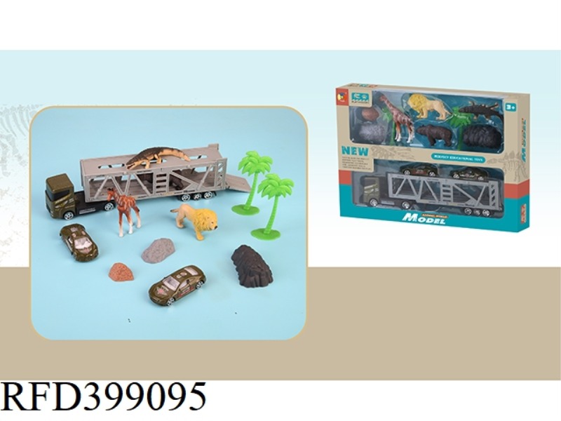 4 SIMULATION WILD ANIMALS WITH DOUBLE-DECKER TRANSPORT VEHICLES 2 ALLOY SIMULATION MILITARY VEHICLES