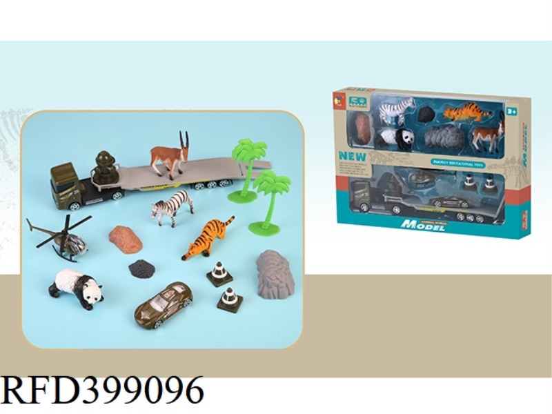 4 SIMULATION WILD ANIMALS WITH 1 ALLOY TRAILER AND 1 ALLOY SIMULATION MILITARY CAR