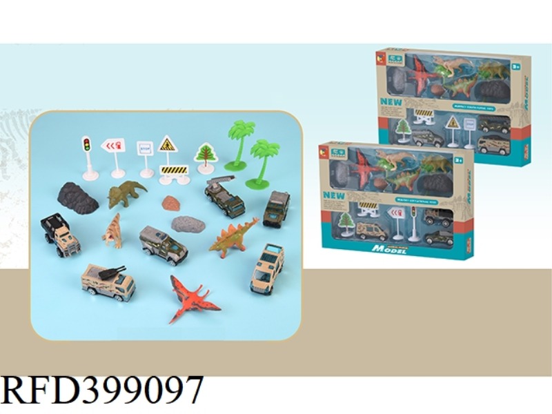 4 SIMULATED DINOSAURS WITH 3 ALLOY MILITARY CAR ROAD SIGNS (2 TYPES MIXED)