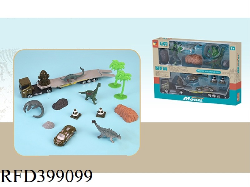 4 SIMULATION DINOSAURS WITH 1 ALLOY TRAILER AND 1 ALLOY SIMULATION MILITARY CAR