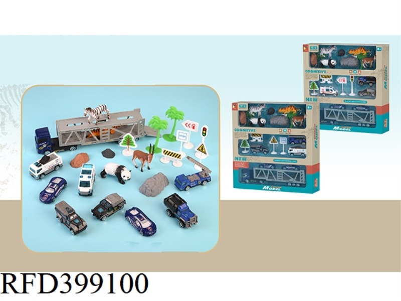 4 SIMULATED WILD ANIMALS WITH DOUBLE-DECKER TRANSPORT VEHICLES AND 5 ALLOY POLICE CARS (2 TYPES MIXE