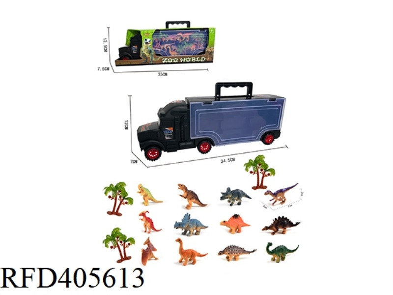 35CM PORTABLE TRAILER CONTAINER TRUCK WITH 12 DINOSAURS + 3 TREES