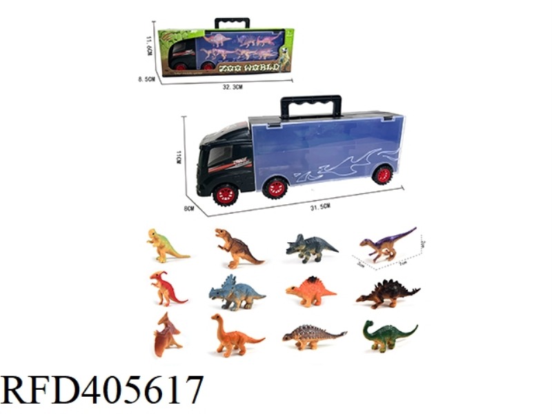 32CM PORTABLE TRAILER CONTAINER TRUCK WITH 12 DINOSAURS