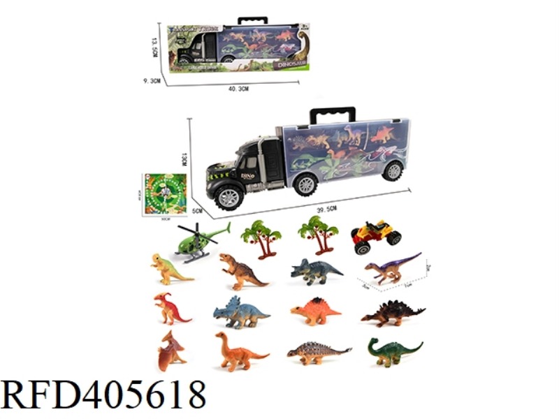40CM PORTABLE TRAILER CONTAINER TRUCK 12 DINOSAURS + 2 TREES + 1 MOTORCYCLE + 1 AIRPLANE + 1 MAP