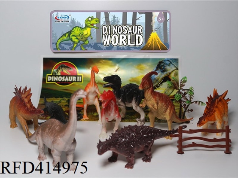 9-PIECE 6-INCH DINOSAUR SET, WITH TREE, FENCE, MAP