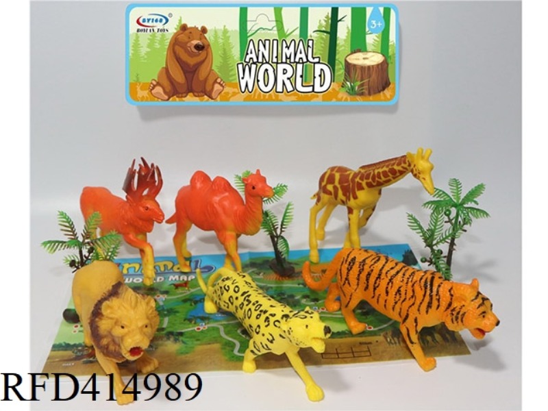 6-PIECE SET OF FOREST ANIMALS, WITH TREES, MAP