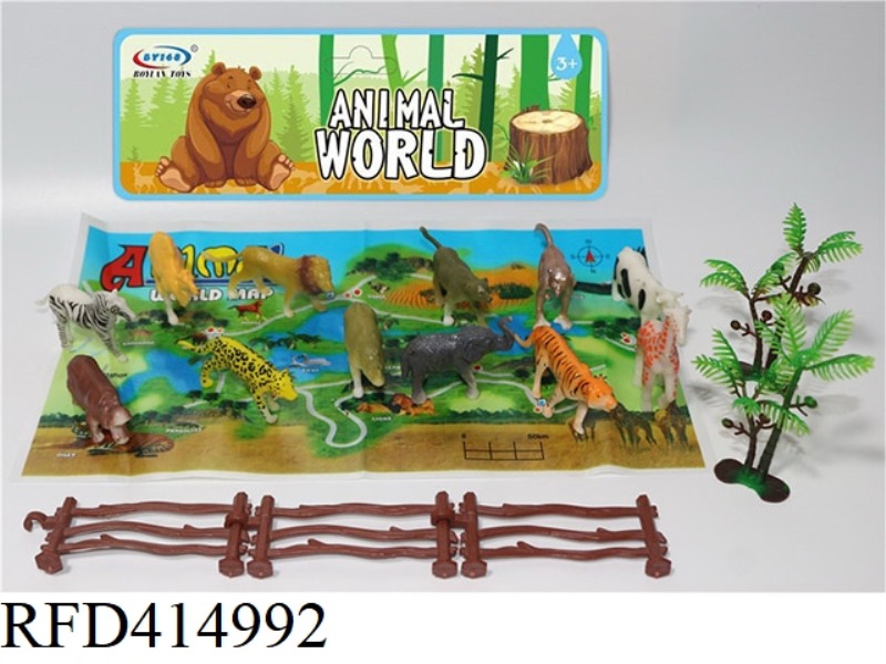 12-PIECE SET OF SMALL FOREST ANIMALS, WITH TREES, FENCES, AND MAPS