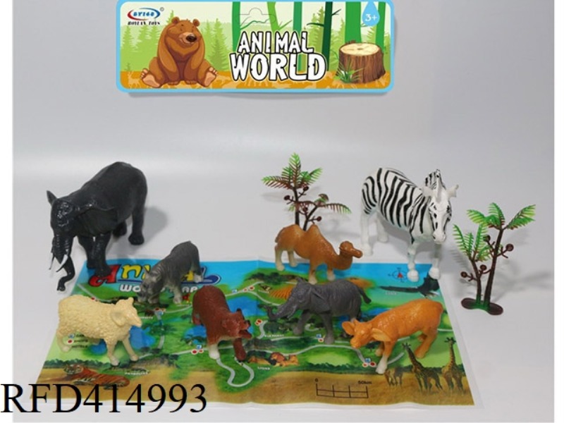 8-PIECE SET OF FOREST ANIMALS, WITH TREES, MAP