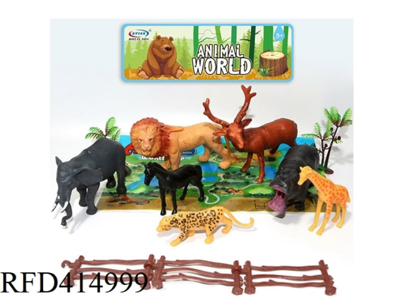 7-PIECE SET OF FOREST ANIMALS, WITH TREES, FENCES, AND MAPS