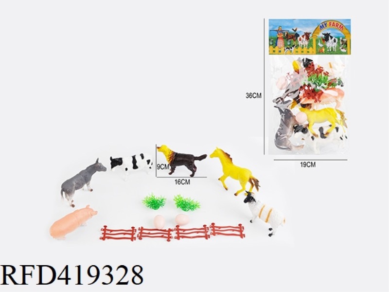 5.6 INCH 14PCS FARM ANIMAL SET WITH 6 ANIMALS + 4 FENCES + 2 EGGS + 2 GRASS