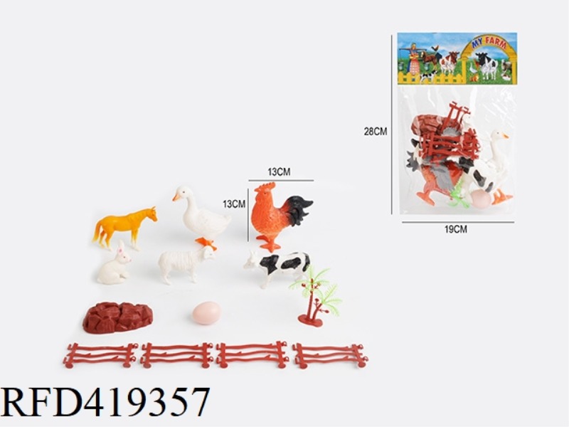 5.6 INCH + 3.2 INCH 13PCS FARM ANIMAL SET 6 ANIMALS + 4 FENCES + 1 TREE + 1 EGG + 1 STONE