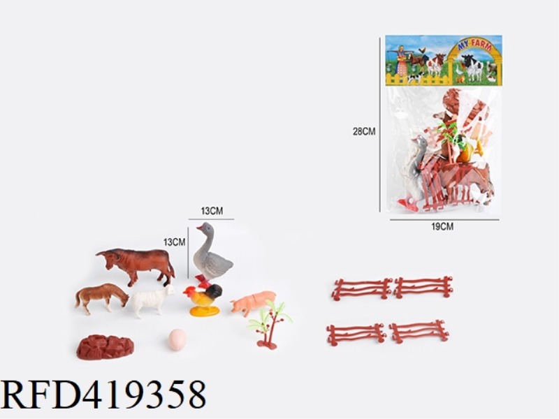 5.6 INCH + 3.2 INCH 13PCS FARM ANIMAL SET 6 ANIMALS + 4 FENCES + 1 TREE + 1 EGG + 1 STONE