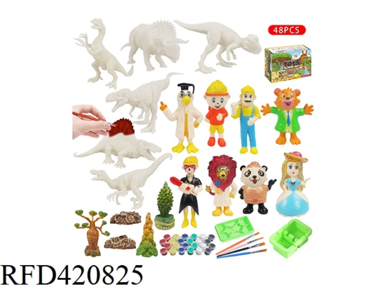 PAINTED 6 WHITE BLANK DINOSAUR MODELS, GRAFFITI PAINTINGS, TREES, FLOWERS AND STONES + 8 DOLLS AND D