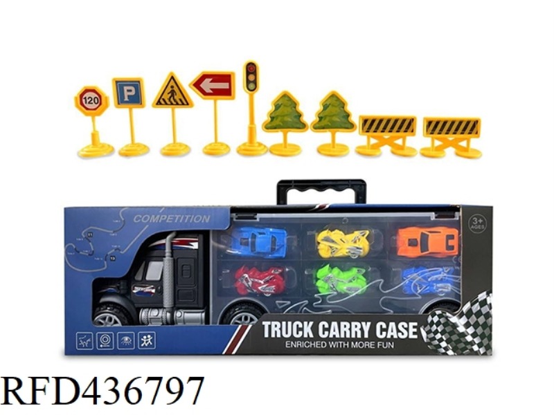 PORTABLE INERTIA CONTAINER TRUCK WITH 4 MOTORCYCLES + 2 SMALL RACING CARS (WITH ROAD SIGNS)