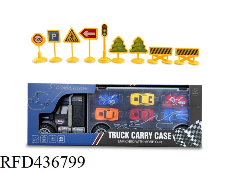 PORTABLE INERTIA CONTAINER TRUCK WITH 2 MOTORCYCLES + 4 SMALL RACING CARS (WITH ROAD SIGNS)