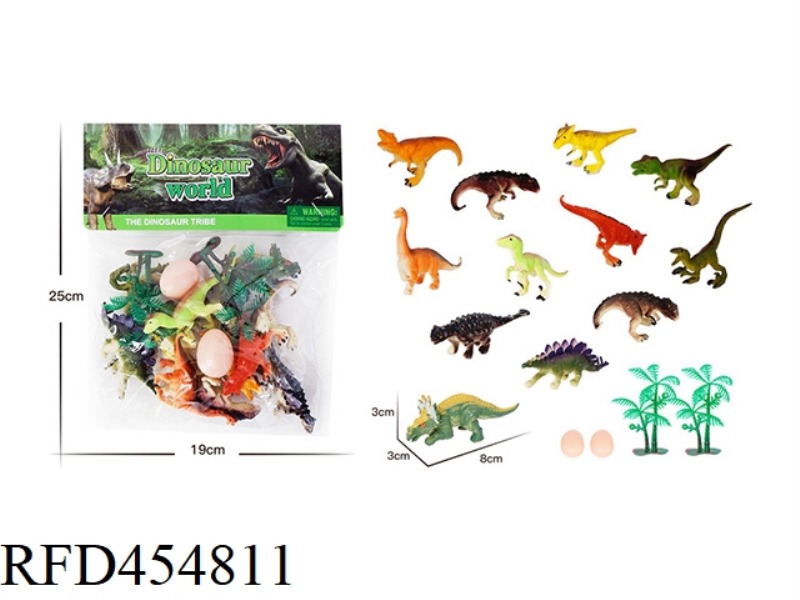 12 3-INCH SOLID DINOSAURS, 2 TREES AND 2 EGGS