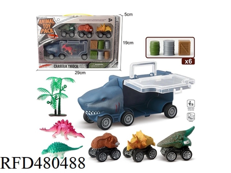 SMALL SHARK STORAGE CAR + 3 DINOSAUR CARS + 2 DINOSAURS + 1 TREE + 6 ACCESSORIES