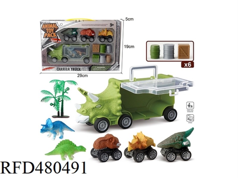 SMALL TRICERATOPS STORAGE CAR + 3 DINOSAUR CARS + 2 DINOSAURS + 1 TREE + 6 ACCESSORIES