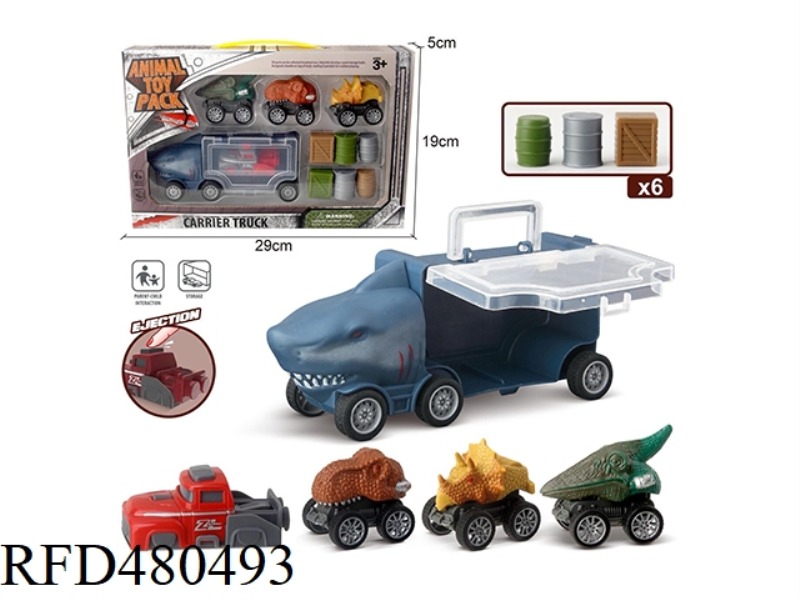 SMALL SHARK STORAGE CAR + 3 DINOSAUR CARS + 1 EJECTION + 6 ACCESSORIES