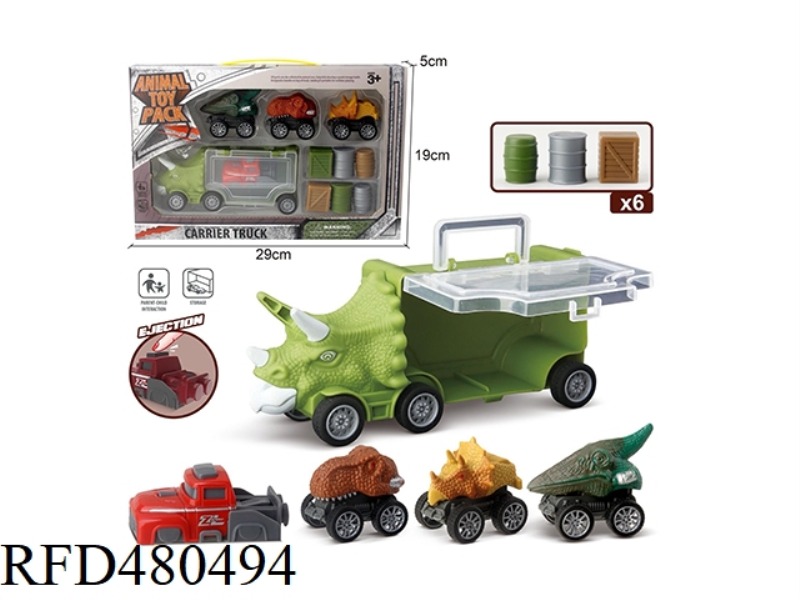 SMALL TRICERATOPS STORAGE CAR + 3 DINOSAUR CARS + 1 EJECTION + 6 ACCESSORIES