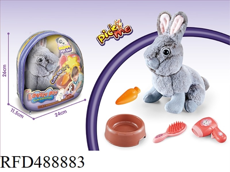 PLUSH RABBIT PURE GREY DUTCH RABBIT +BB WHISTLE + DRESSING SET +PVC BACKPACK (5PCS)