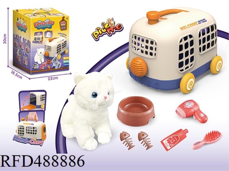 PET BUS CARRIER + FLUFFY CAT WHITE ENGLISH SHORT CAT +BB WHISTLE + CARE KIT (8PCS)