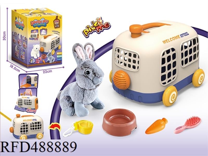 PET BUS CAGE + PLUSH RABBIT PURE GREY DUTCH RABBIT +BB WHISTLE + BUS TOW ROPE (6PCS)