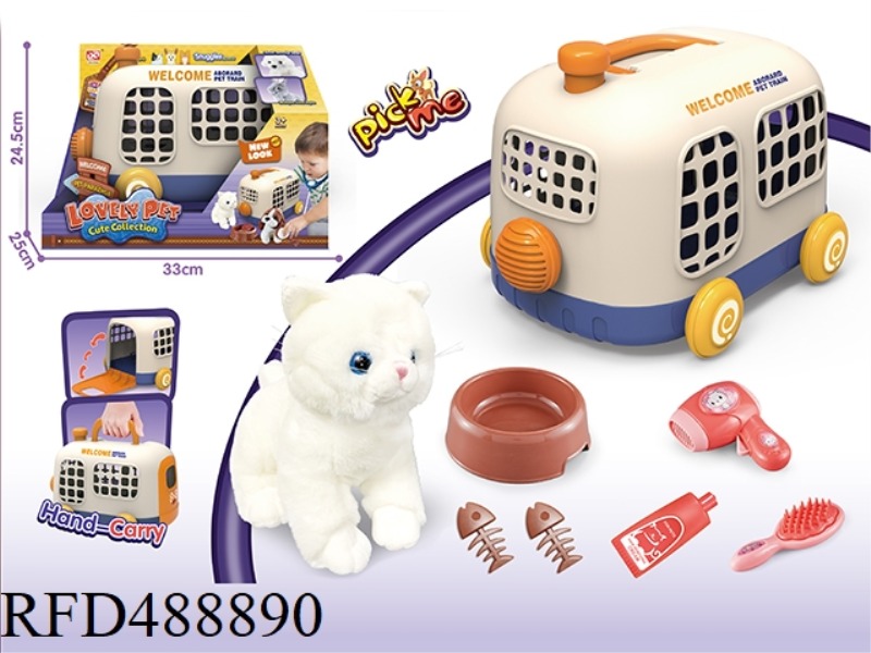 PET BUS CARRIER + FLUFFY CAT WHITE ENGLISH SHORT CAT +BB WHISTLE + CARE KIT (8PCS)