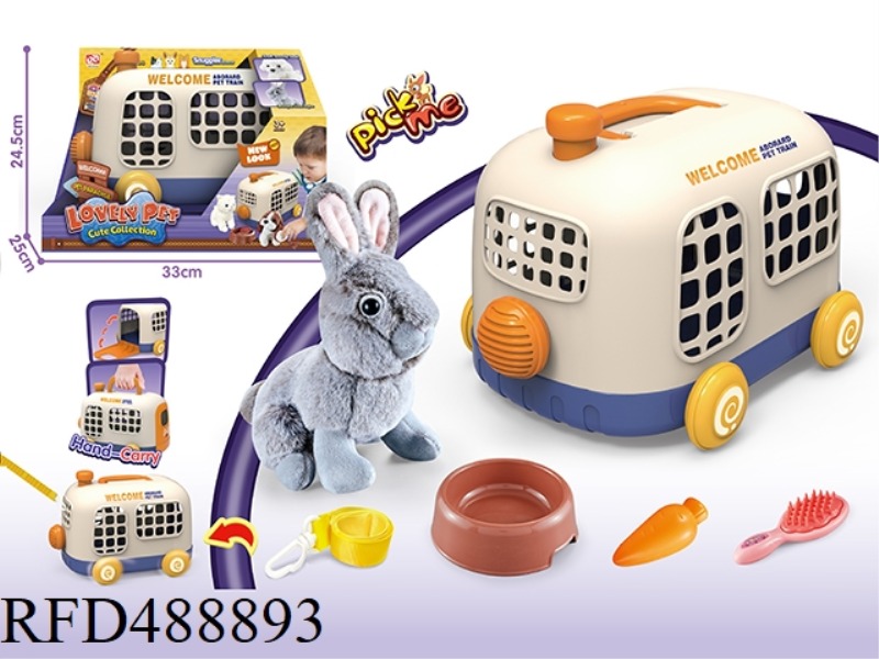 PET BUS CAGE + PLUSH RABBIT PURE GREY DUTCH RABBIT +BB WHISTLE + BUS TOW ROPE (6PCS)