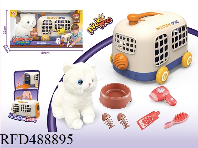 PET BUS CARRIER + FLUFFY CAT WHITE ENGLISH SHORT CAT +BB WHISTLE + CARE KIT (8PCS)
