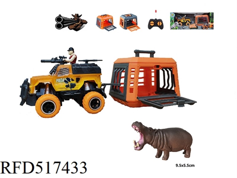 1:43 REMOTE CONTROLLED TRAPPER CART TOWING CAGE HUNTING HIPPOPOTAMUS, CAN SLIDE