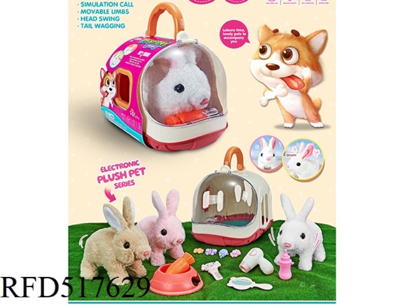 ELECTRIC PLUSH + SMALL RABBIT + CAGE +4 HAIR CLIPS + BABY BOTTLE + HAIR DRYER + MIRROR + COMB + BOWL
