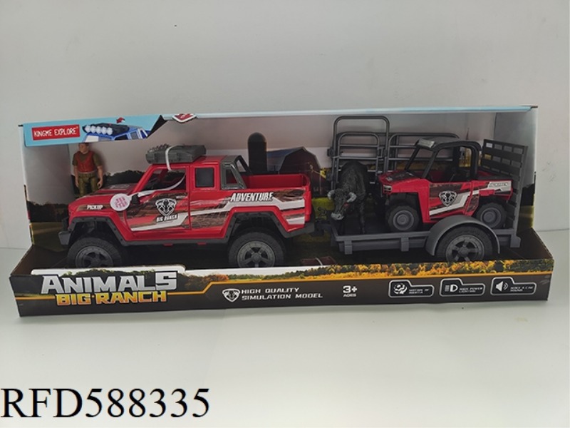 RANCH SERIES, RED DOUBLE ROW GLIDING PASSENGER OFF-ROAD VEHICLE AND OFF-ROAD TRAILER COMBINATION