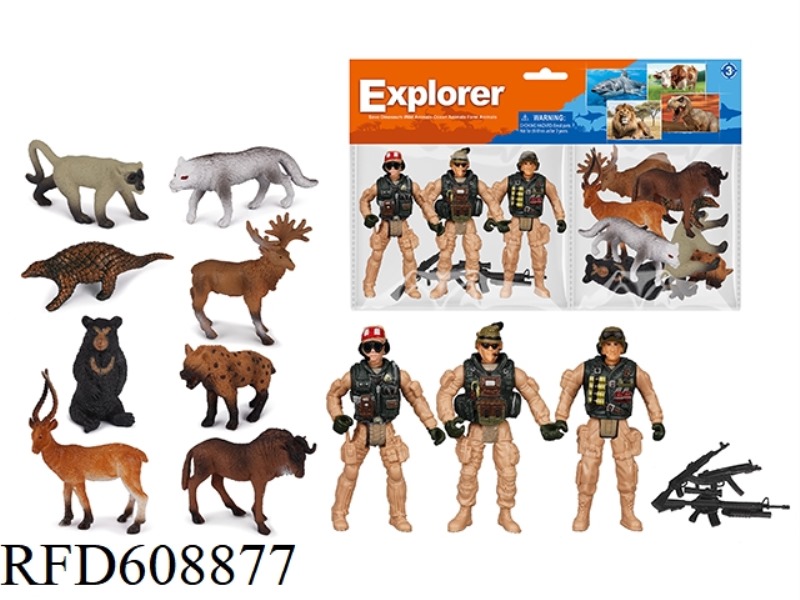 HUNTING DOLL CLIP HEAD EXPLOSION-PROOF BAG THREE HUNTING DOLLS + WILD ANIMALS