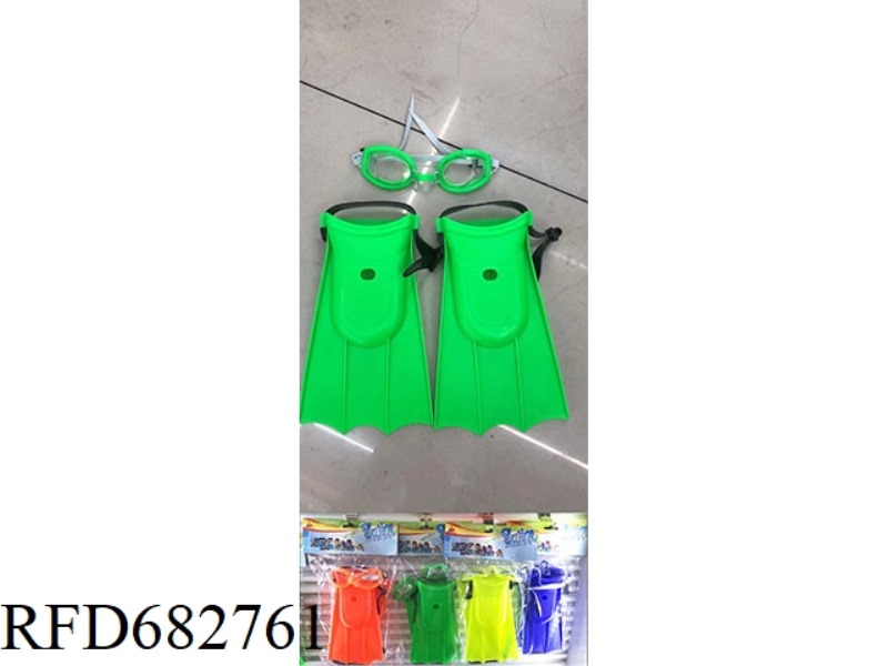 A TWO-PIECE SET OF DIVING GOGGLES AND FLIPPERS