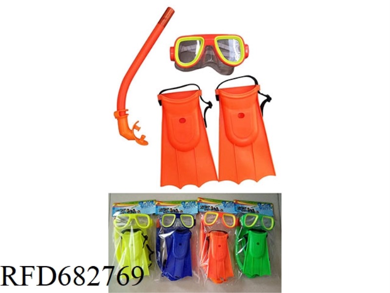 A THREE-PIECE SET OF DIVING GOGGLES, FLIPPERS AND BREATHING TUBES