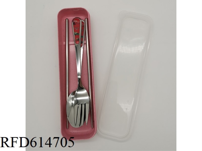 CHILDREN'S STAINLESS STEEL TABLEWARE SET CHOPSTICKS + SPOON + FORK CAR MOBILIZATION