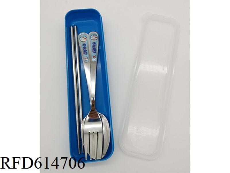 CHILDREN'S STAINLESS STEEL TABLEWARE SET CHOPSTICKS + SPOON + FORK JINGLE CAT