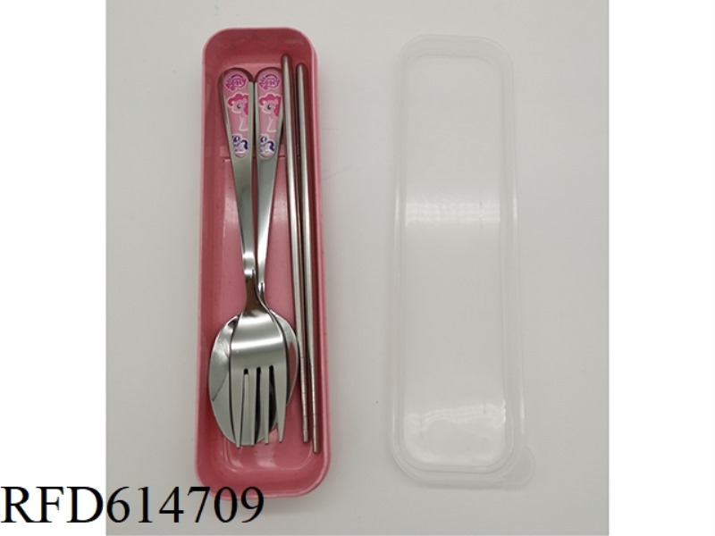 CHILDREN'S STAINLESS STEEL TABLEWARE SET CHOPSTICKS + SPOON + FORK PONY POLLY