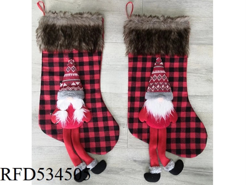GINGHAM CHRISTMAS STOCKING WITH LONG FURRED EDGE